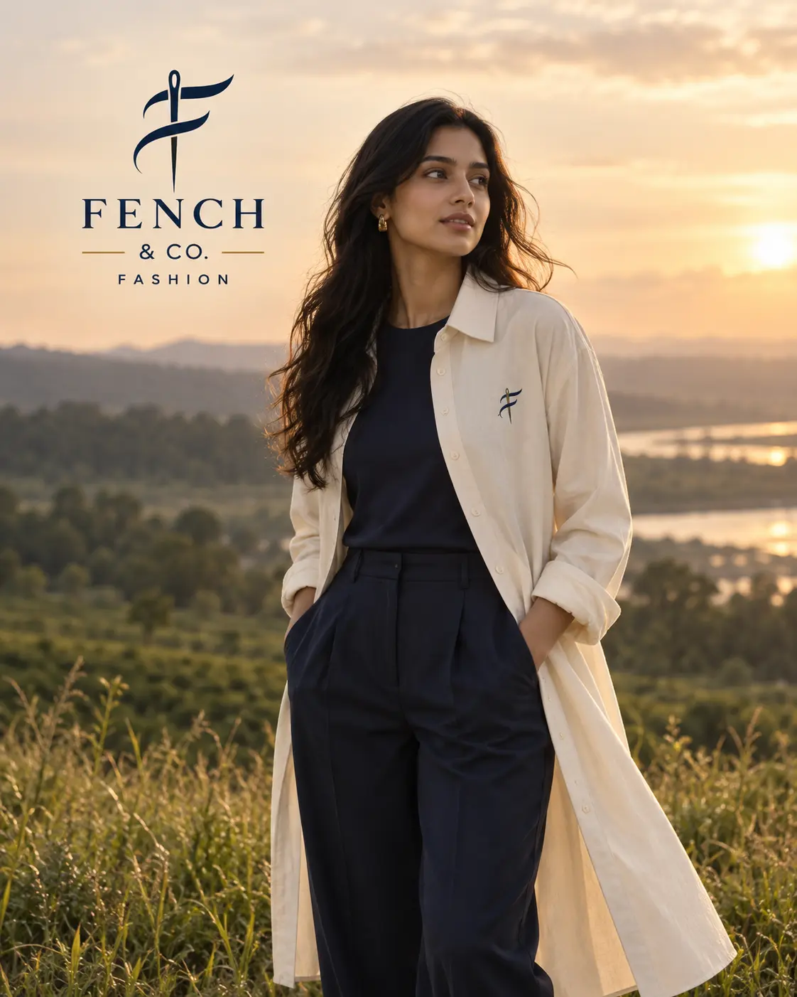 Woman in a navy FENCH cardigan in a restrained editorial setting